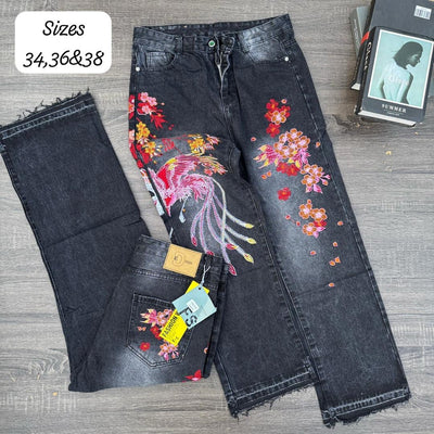 Black Denim Jeans with Embroidered flowers 💐