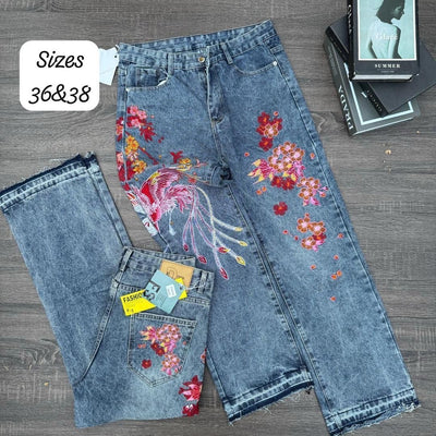 Denim Blue Heans with embroidered Flowers